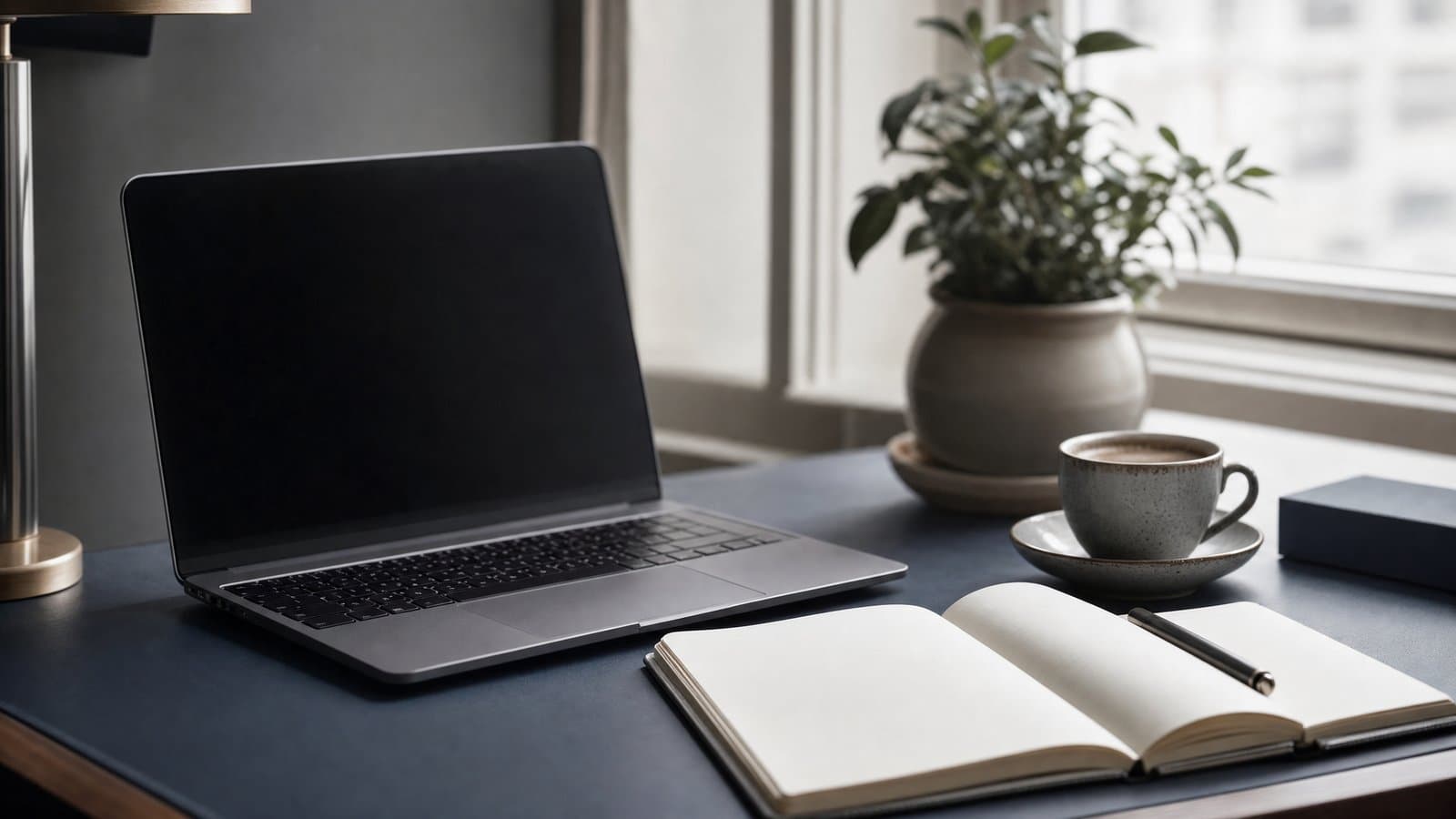 A laptop with a dark screen beside a notebook and a cup on a desk in morning light — a complainant abroad follows a Korean investigation through written updates and calls with their representative
