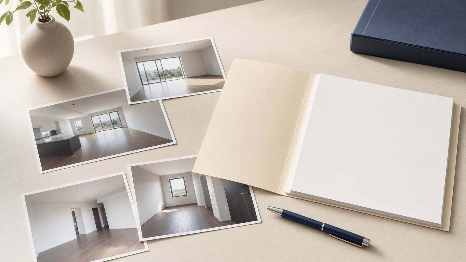 Printed blank photographs of an empty apartment beside a lease folder and a pen on a desk abroad — the move-out record a departed tenant builds a deposit claim on