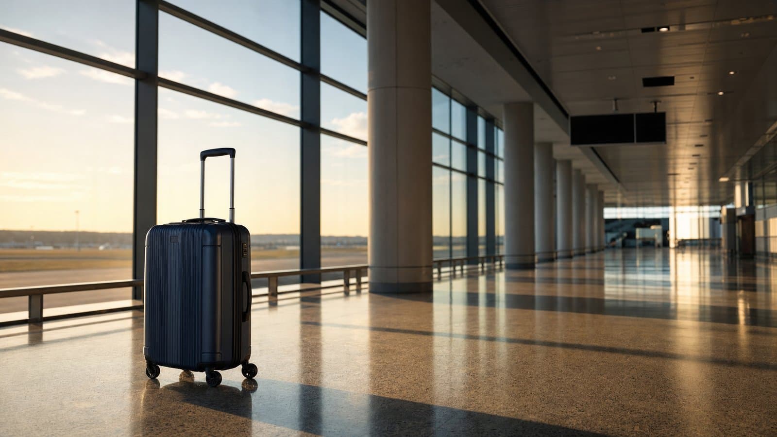 A single suitcase standing in an empty airport corridor by a window — a Korean departure suspension stops a foreigner at the border, sometimes without advance notice