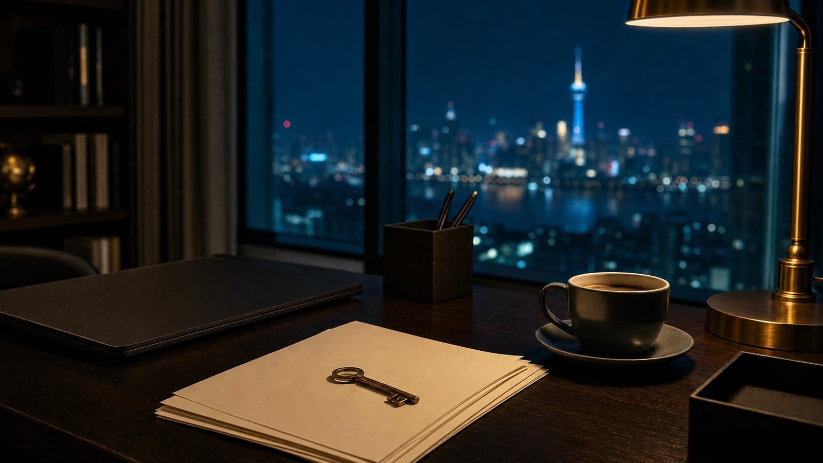 A desk in a home office abroad at night with a Korean house key on blank documents — the arithmetic of arrears, deposit, and fees decides whether suing a former tenant is worth it