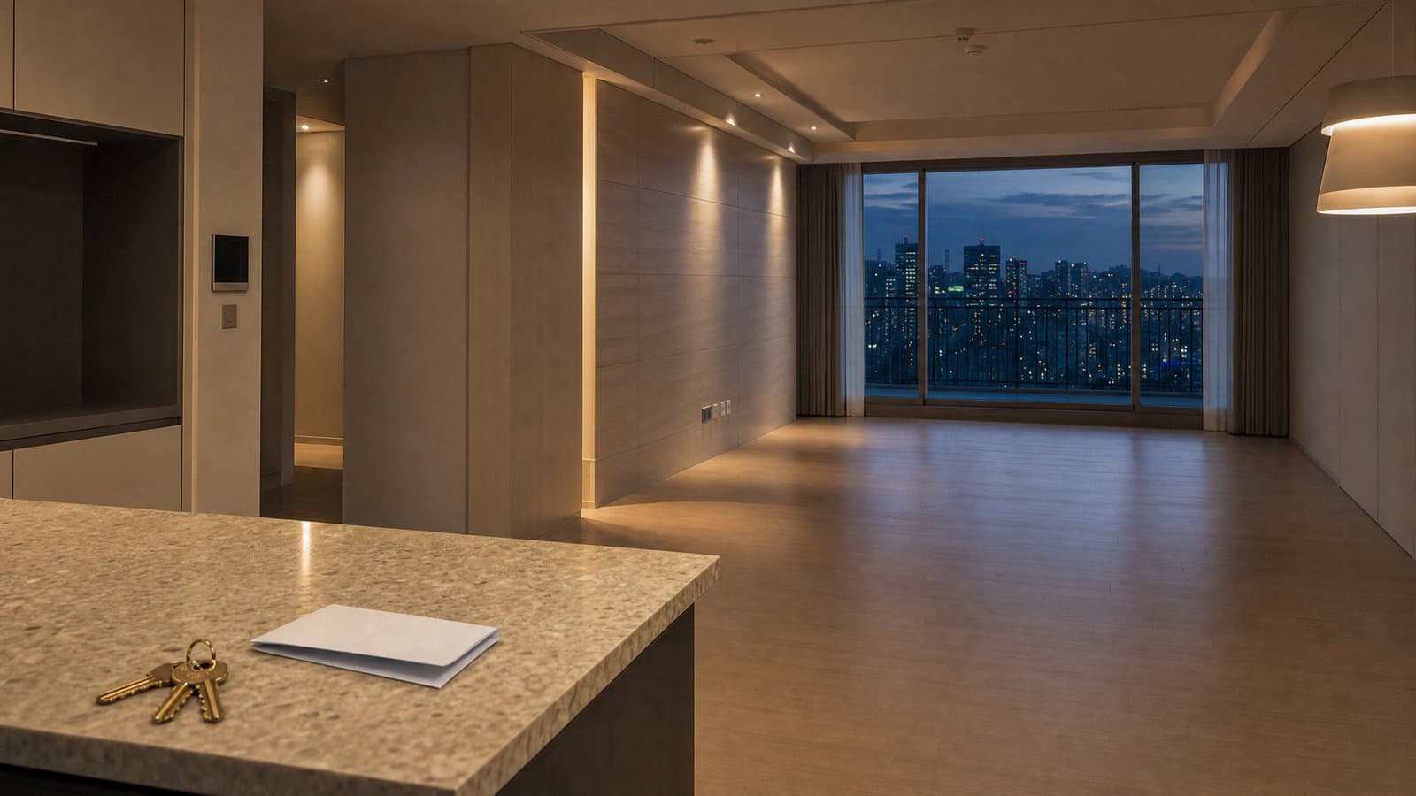 An empty Korean apartment at dusk with keys left on the counter — a landlord abroad can terminate, evict, and collect through a Korean attorney without flying in