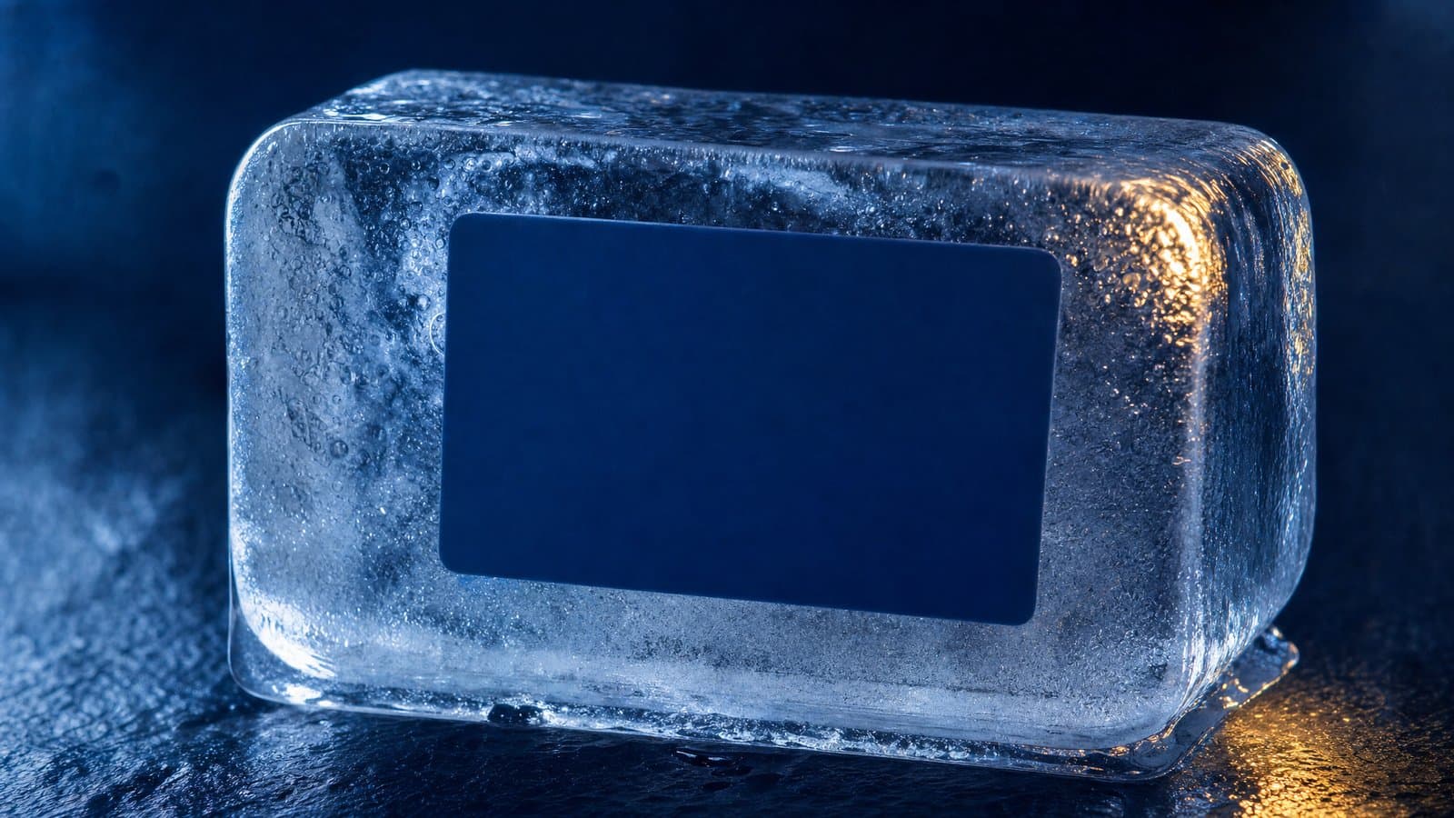 A bank card held motionless in a block of ice — an attached Korean bank account stays frozen up to the claimed amount until the attachment is lifted or enforced
