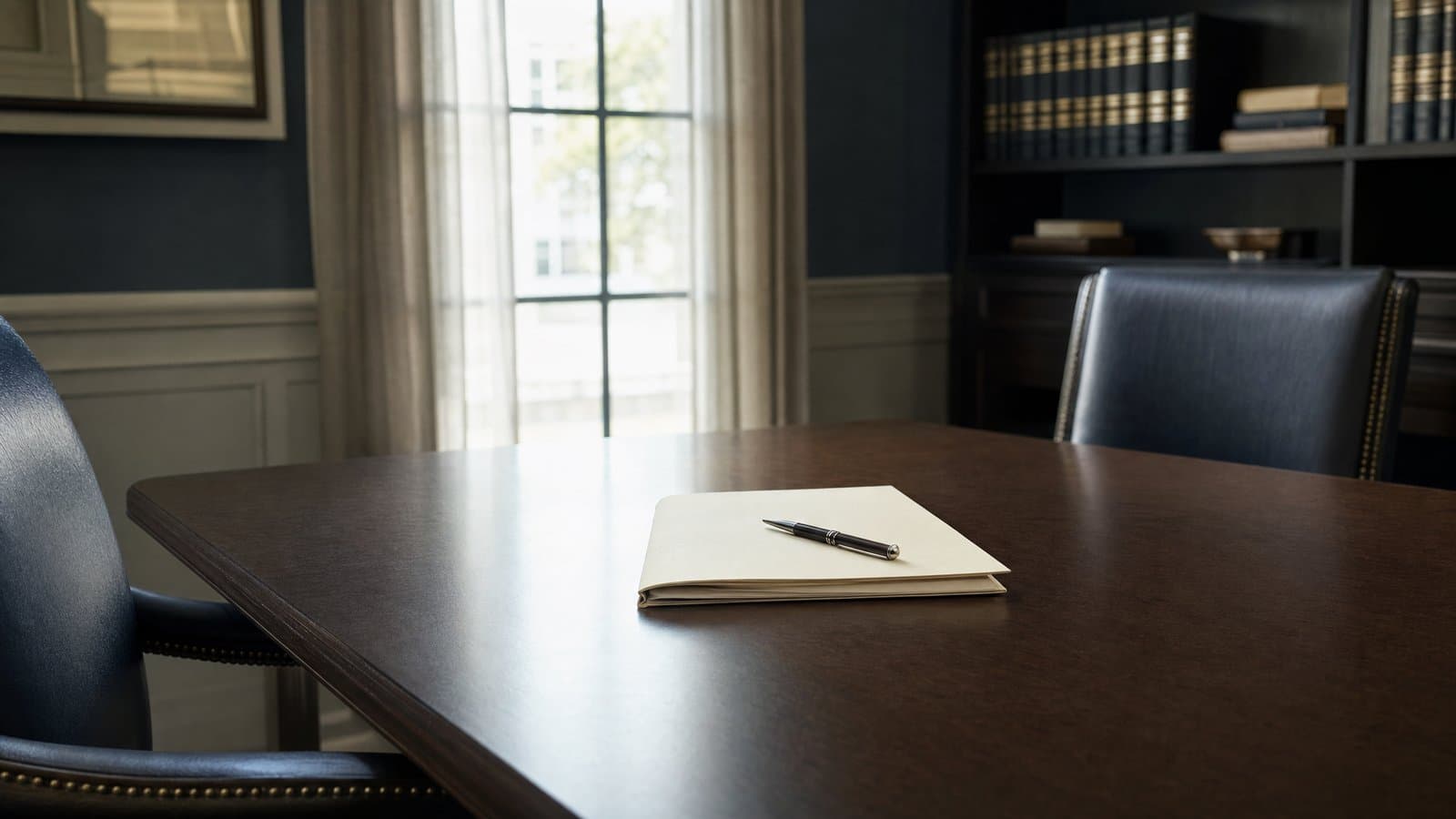 A quiet meeting table with two empty chairs and a blank folder in morning light — a retained attorney confirms where a suspended Korean file stands before the client books a flight