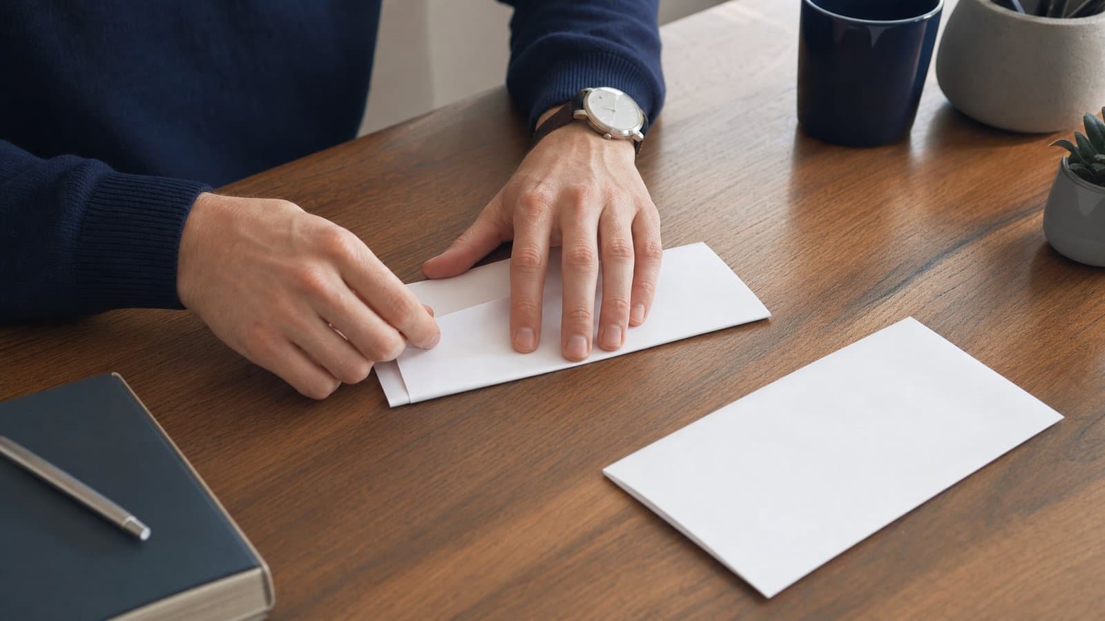 Hands folding a finished letter beside an envelope — a Korean certified content mail letter states facts, a demand, and a deadline