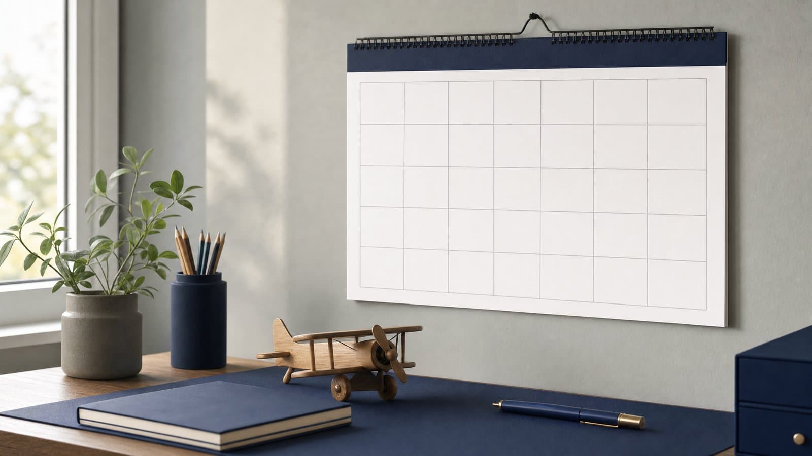 A blank calendar and a toy airplane — cross-border visitation survives on concrete schedules