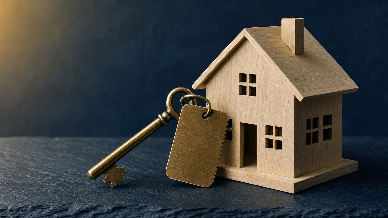 A brass key and tag resting on a small wooden house model — a Korean compulsory auction converts a debtor's real estate into distributable proceeds through the court