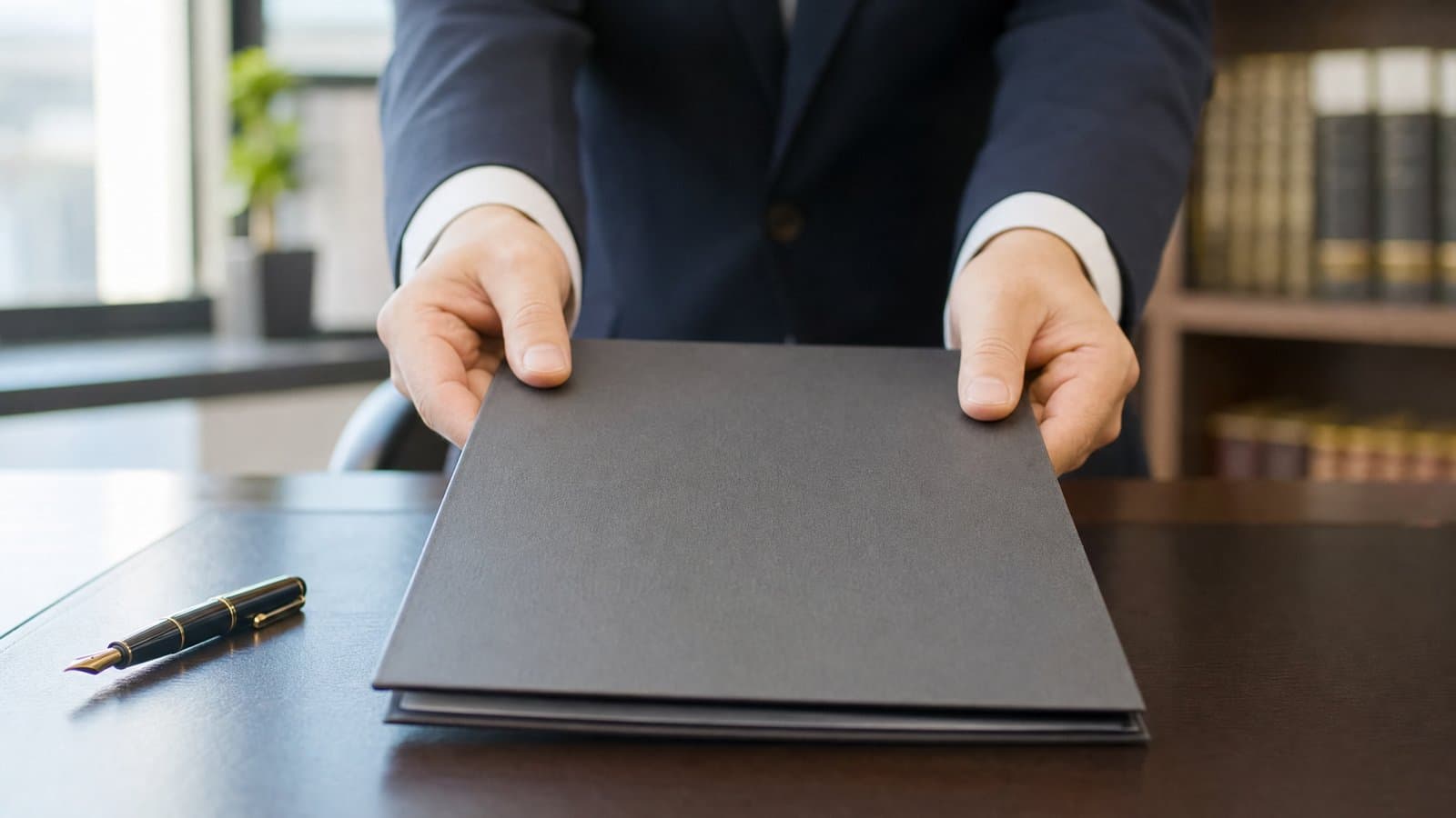 A settlement document folder and pen on a lawyer's desk — preparing a criminal deposit when hapui fails in Korea