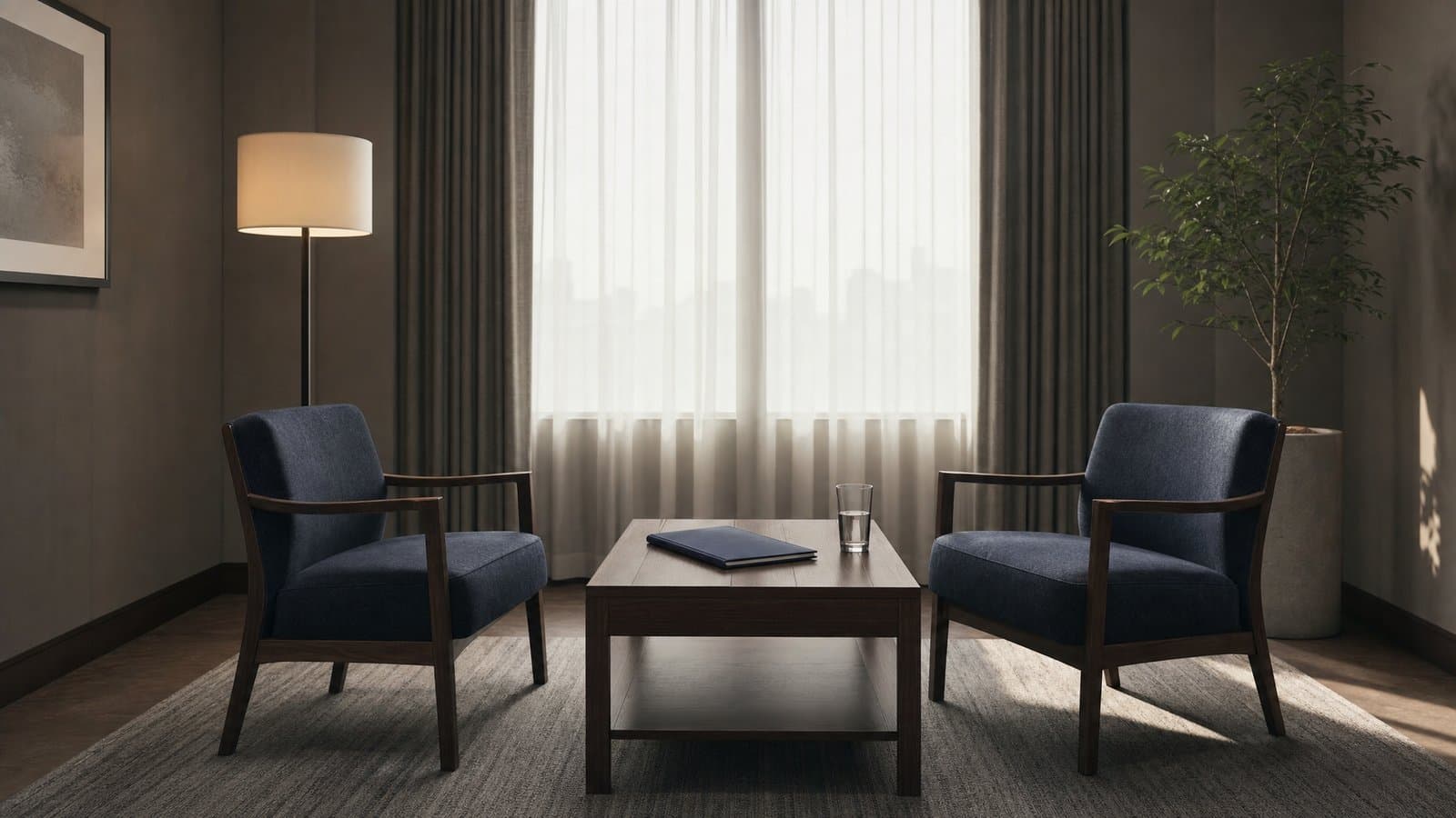 Two chairs across a quiet meeting table — hapui, the settlement that shapes Korean criminal cases