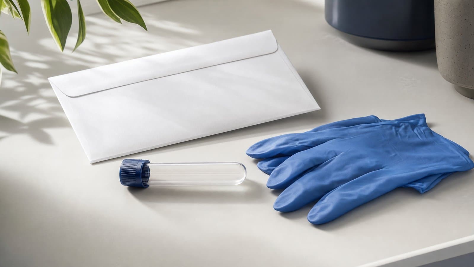 A clinical sample tube and a sealed blank envelope on a clean table in soft light — court-ordered DNA testing in a Korean paternity case is taken by the appointed examiner, in Korea