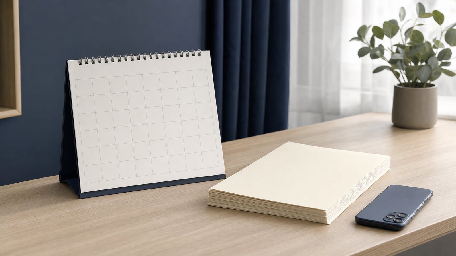 A calendar page and a stack of blank court-style documents beside a phone on a desk abroad — the 30-day late-appeal window for a defendant who learns of a Korean judgment while overseas