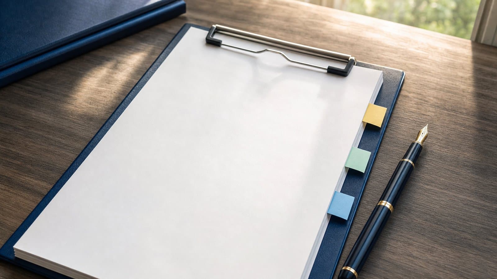 Blank court papers on a clipboard with marker tabs beside a pen — a Korean civil answer responds to the complaint point by point