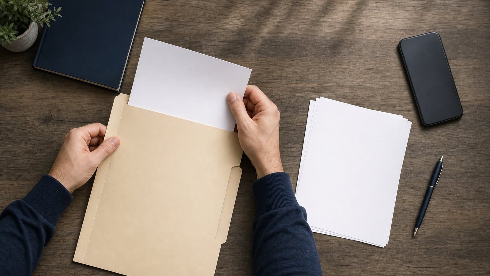 An employment contract folder, payslips and a phone gathered on a desk — an unfair dismissal case is built from records