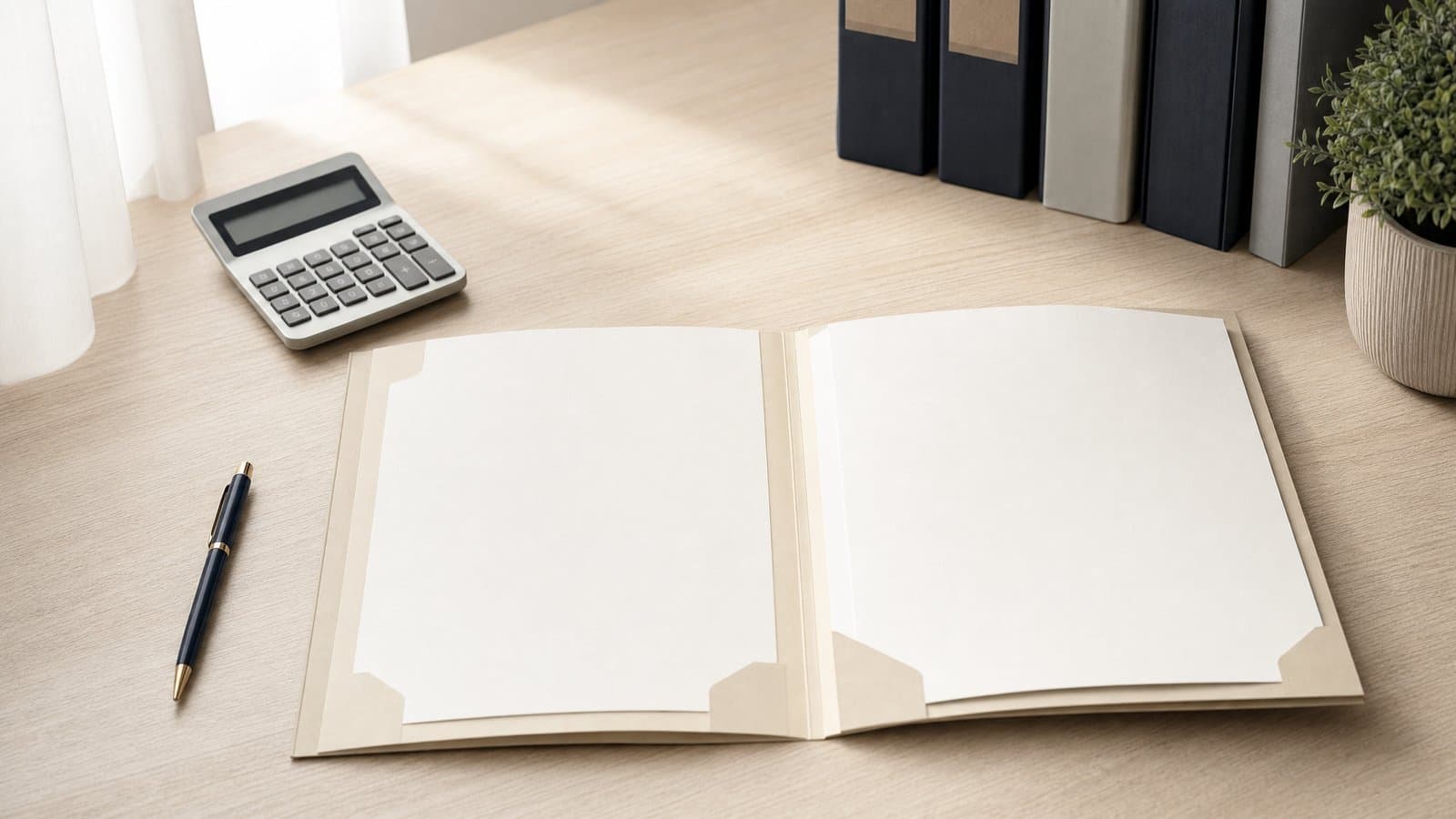 A folder of blank pay records beside a calculator with a dark display on a desk abroad — the month-by-month arrears calculation that a Korean wage complaint and the wage fund run on